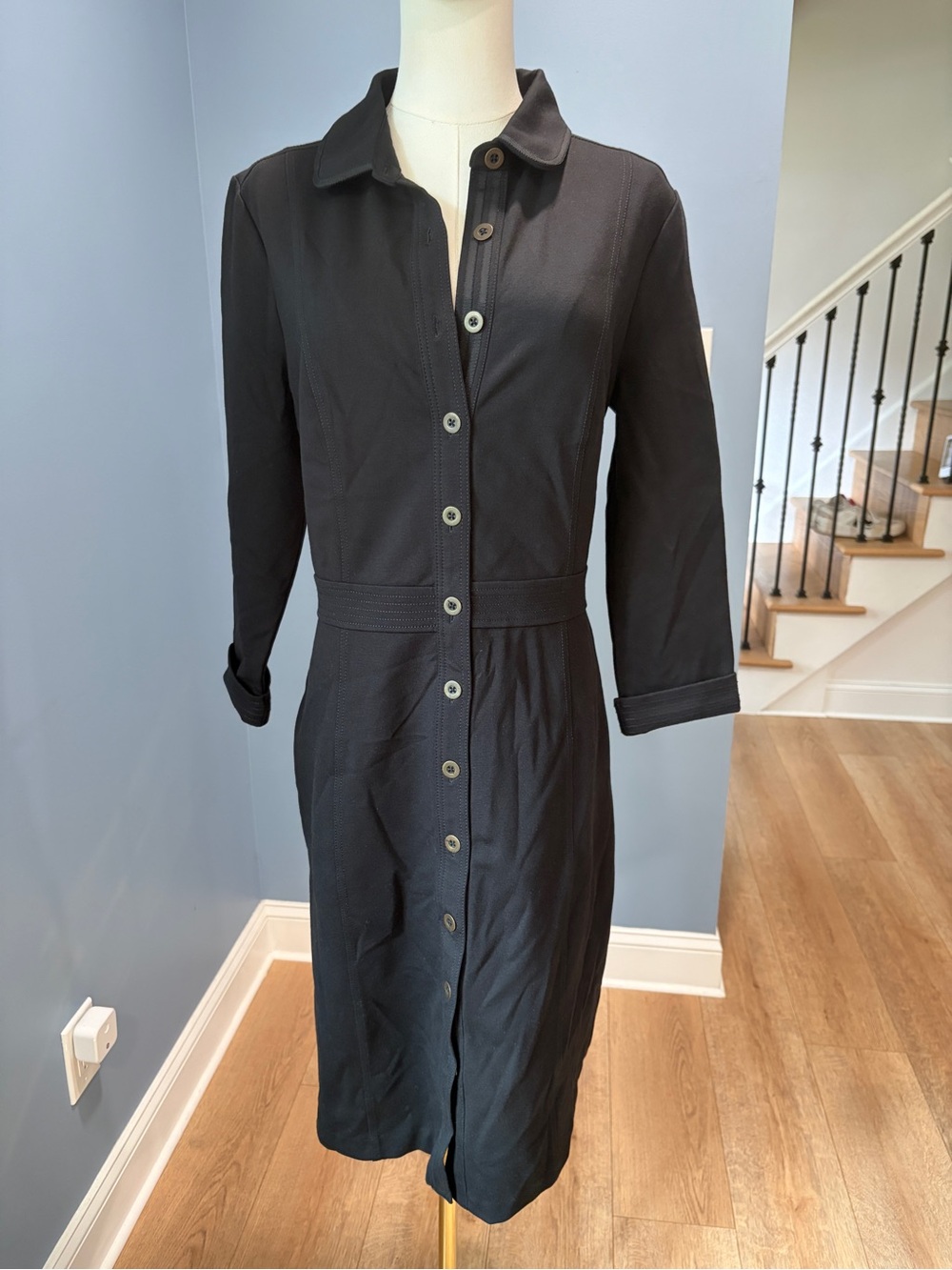 Boden Black Button Front Ponte Shirt Dress Stretch Midi US 12R UK 16R